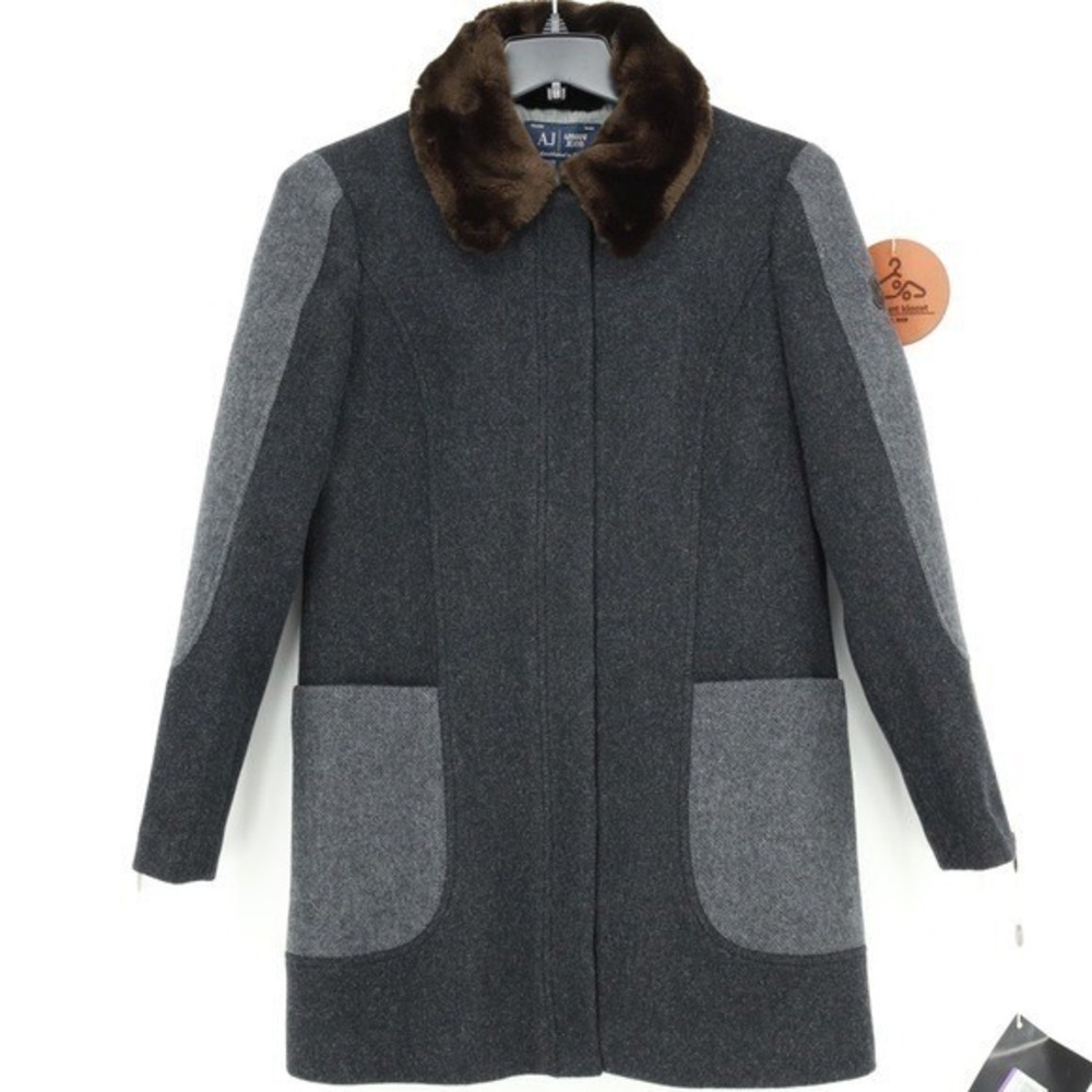 Armani Jeans Faux Fur Collar Wool‎ Blend Coat Dark Grey Size 6 NWT Designer Chic